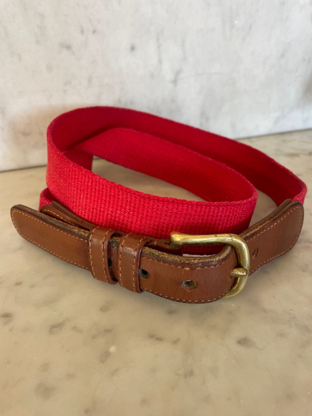 COACH Vintage Red Canvas Belt Brown Leather Trim and Brass Buckle 34
